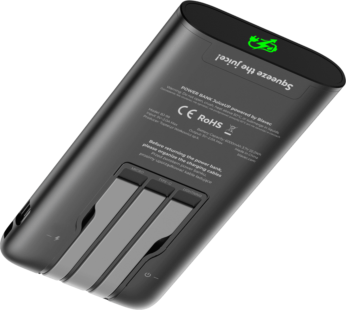 Powerbank JuiceUp 10000 mAh z kablami USB-C, Lightning MFi, Micro-USB